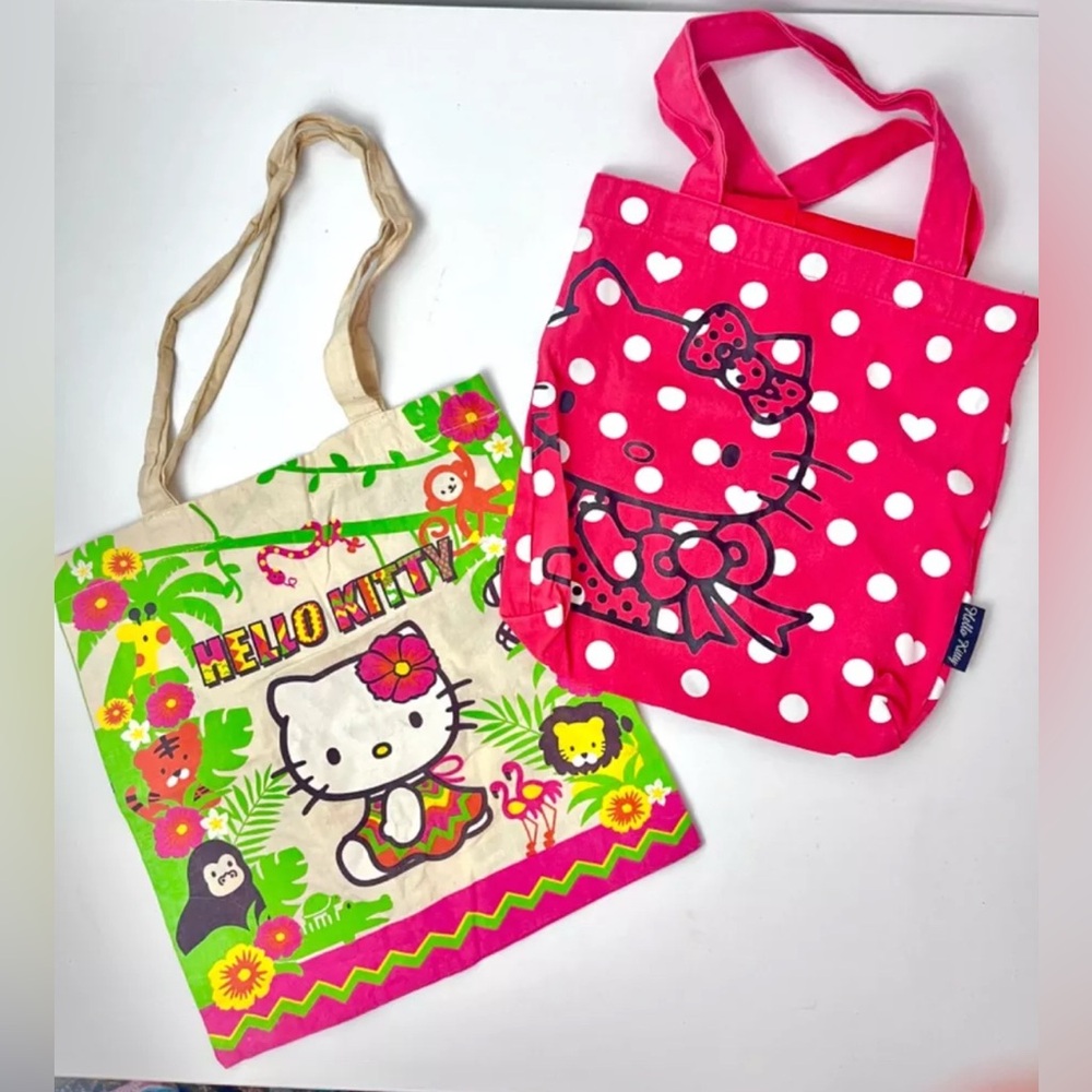 Hello Kitty Tote Bag Lot of 2 Jungle Theme and Polka Dot Design, Sanrio 2000s